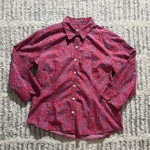 Talbots vintage red blue floral 100% cotton button down top shirt size S